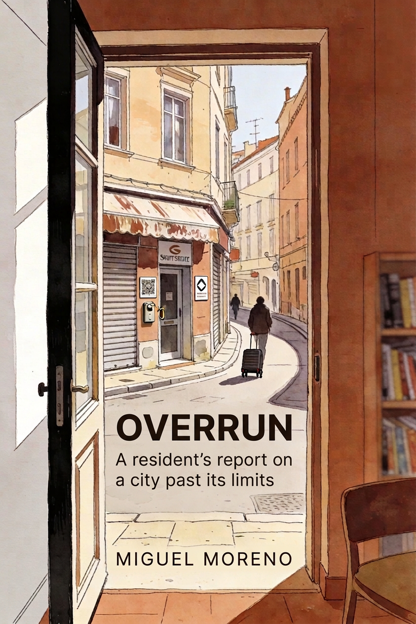 Cover illustration for Over the Threshold: Dispatches from a City That Has Quietly Become Something Else. Volume I of the Civic Darwinism series.