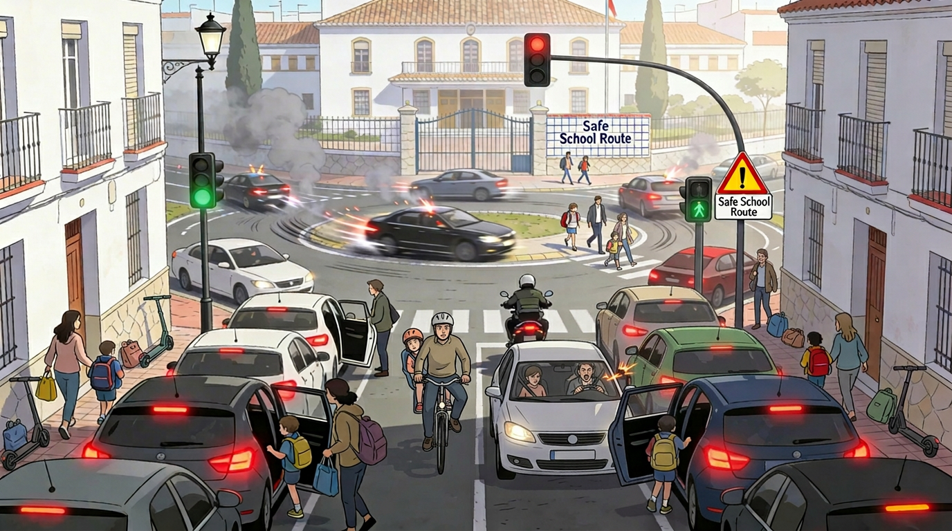 Urban roundabout in morning peak,   vehicles entering without yielding, stationary cars   occupying the exit lane, a bicycle filtering between   cars.