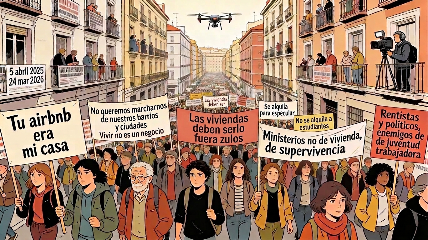 Illustration of a housing-rights demonstration filling   a city boulevard. Marchers of all ages carry placards whose   slogans — 'Tu Airbnb era mi casa', 'Las viviendas deben serlo',   'Ministerios no de vivienda, de supervivencia', 'No se alquila a   estudiantes' — are legible at street level. A drone hovers above   the march; a camera crew films from a balcony. The dates on one   banner read 5 April 2025 and 24 March 2026.